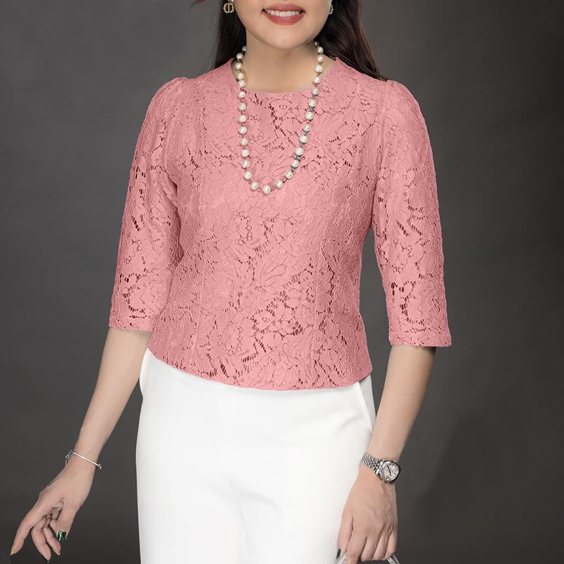 ZANZEA Kadın Günlük Yuvarlak Yaka 3/4 Kol Dantel Patchwork Bluz