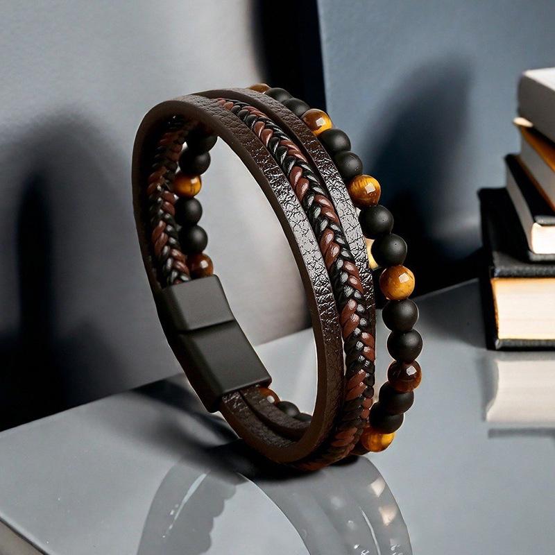 Men's Retro Leather Woven Bracelet with Magnetic Clasp - European & American Style