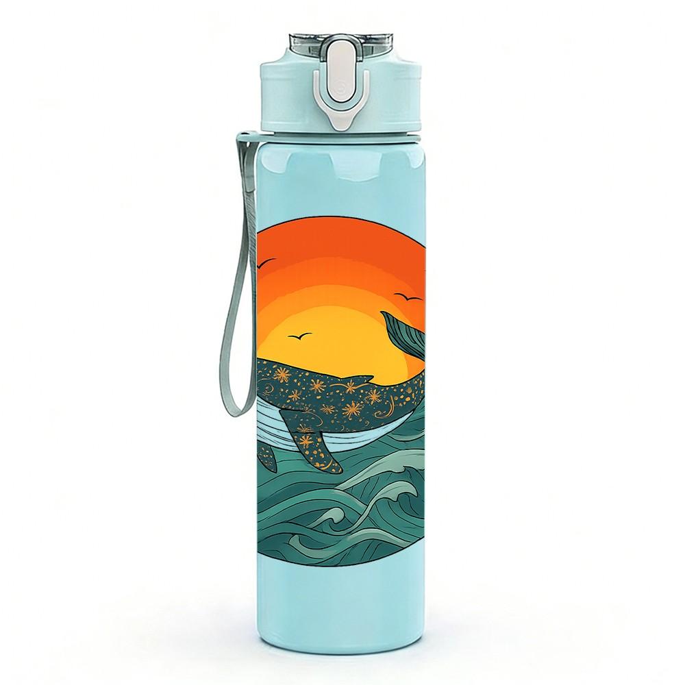 1PC Sunset Whale Ocean Print 750ml Color Plastic Sports Water Bottle Leakproof Flip Straw Lid Suitable for Sports Office Home Use