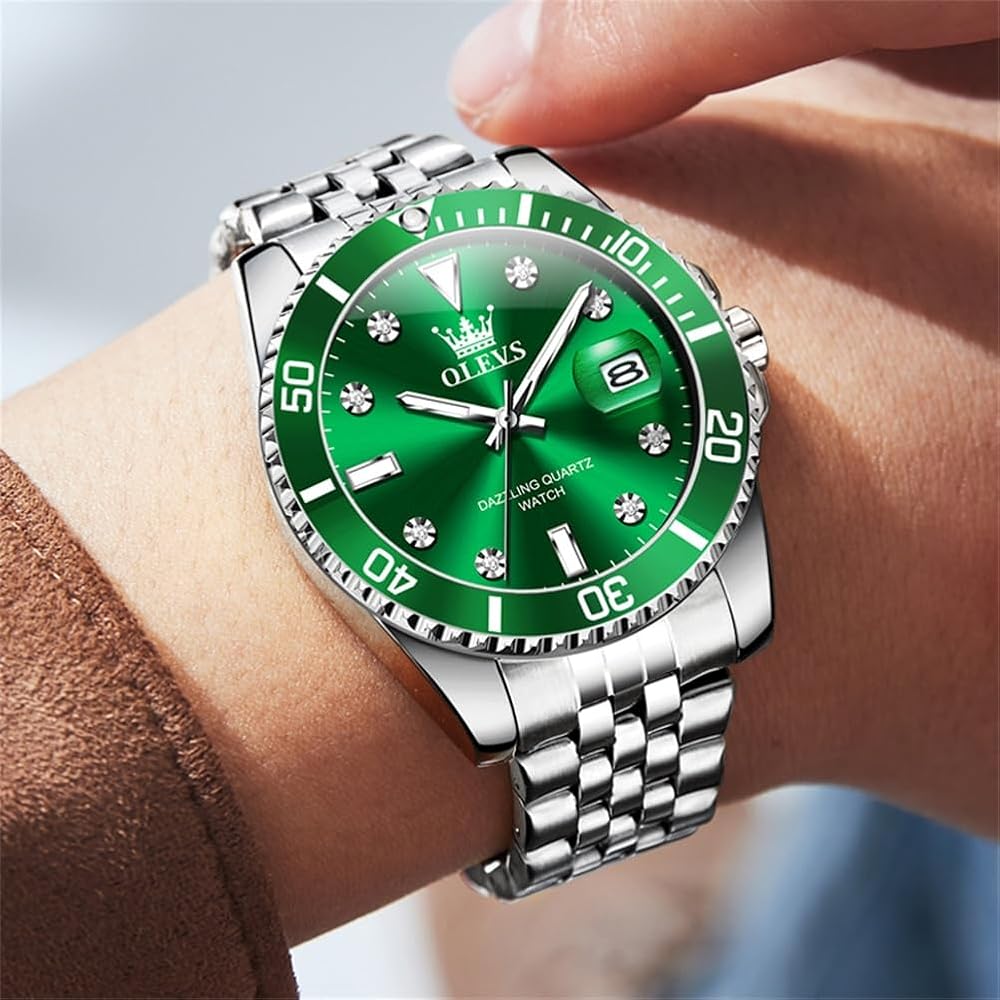 OLEVS Men's Quartz Analog Watch Waterproof Silver Stainless Steel Band Green Large Dial Business Fashion Watch