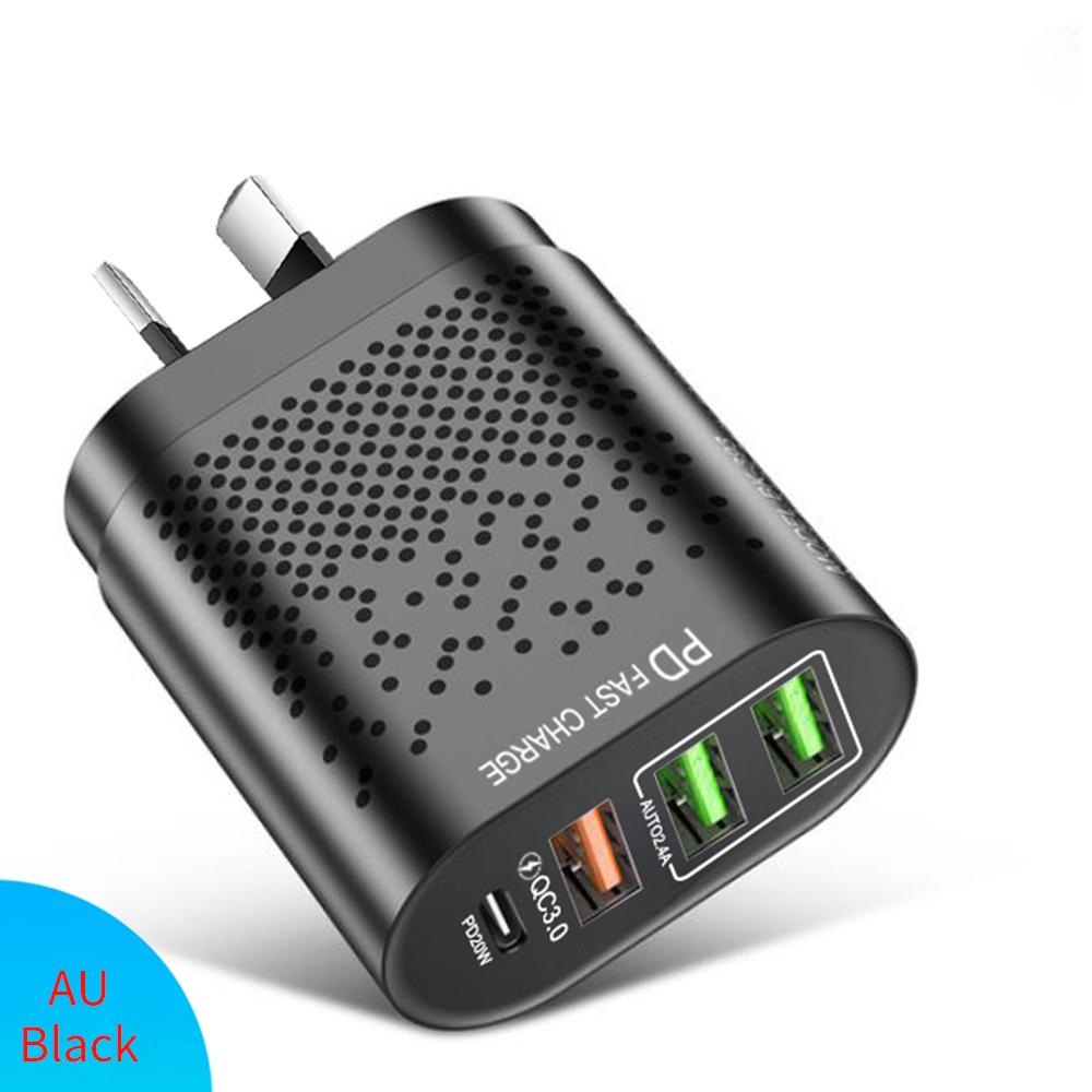

PD+QC3. 0 Зарядное устройство для телефона USB C 4 порта Быстрая зарядка PD 20 Вт Адаптер питания для iPhone Xiaomi Samsung Австралийская/корейская вилка AU Plug Black