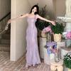 Premium Elegant Fairy Sequin Splicing Suspender Dress Banquet Evening Dress White Purple Dress