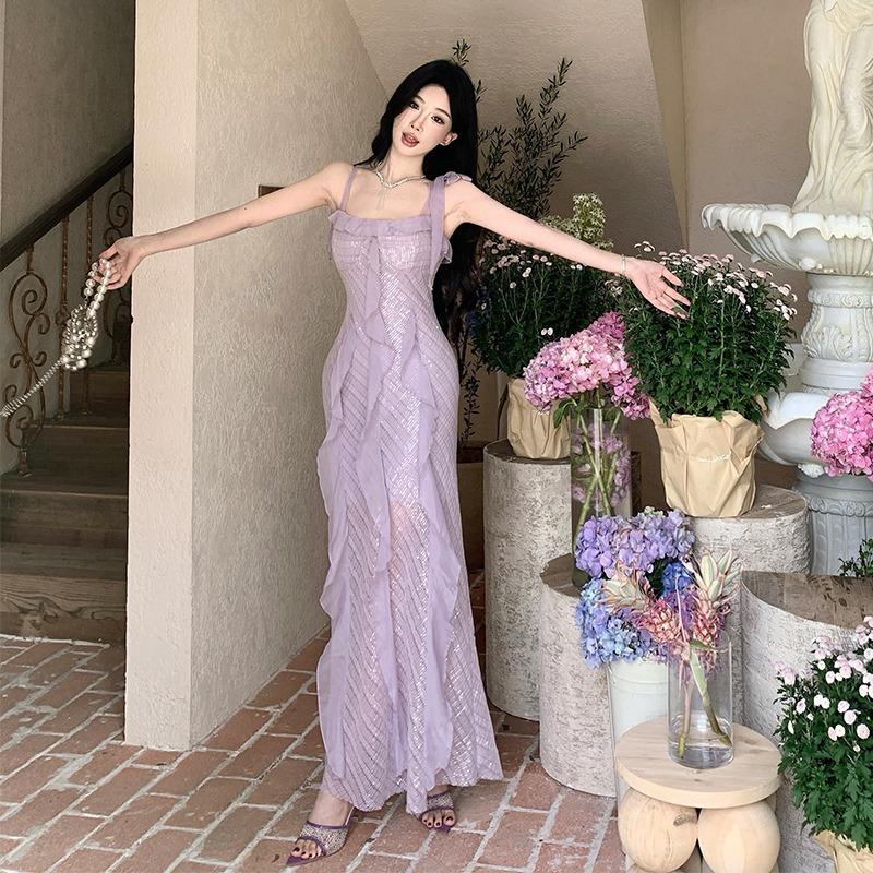 Premium Elegant Fairy Sequin Splicing Suspender Dress Banquet Evening Dress White Purple Dress