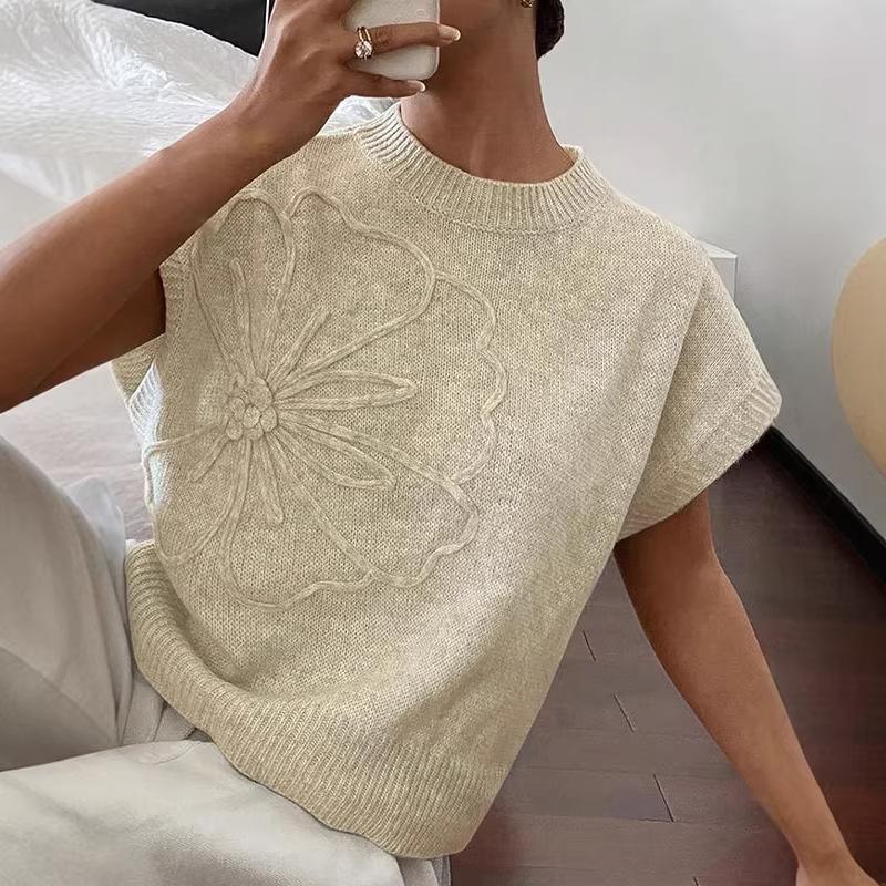 New European and American Loose Women's Sweater Solid Color Knitted Embroidered Sleeveless Vest