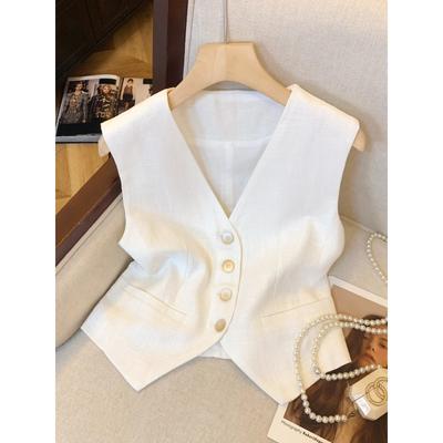 Old Money Style White Linen V-neck Vest for Women Spring Autumn New French Sleeveless Suit Chic Top