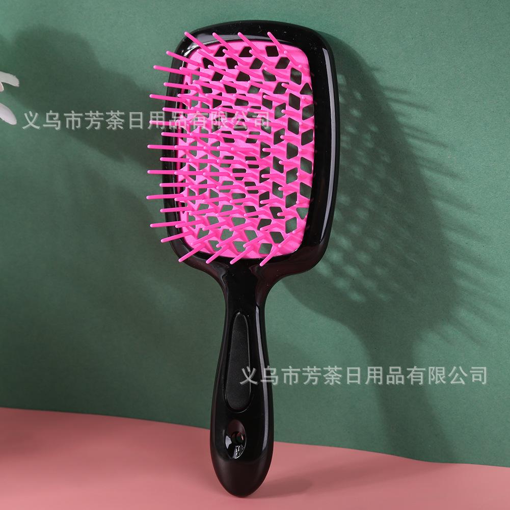 Hollow Detangling Hair Comb with Black Handle and Rose Red Teeth for Smoothing and Daily Use