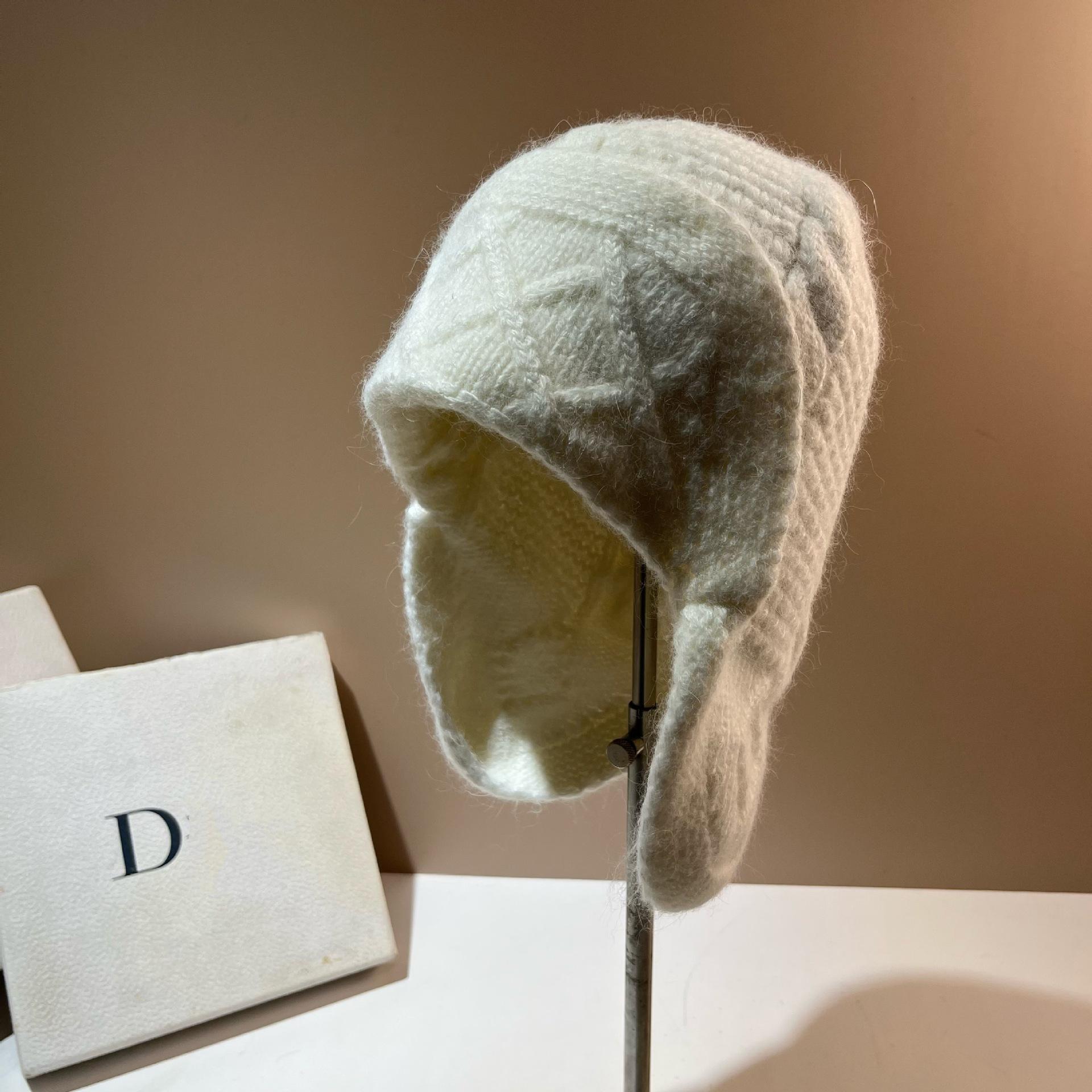 Rabbit Velvet Warm Knitted Hat Winter Sweet Small Fragrant Wind Rhombus Wool Hat Soft Rabbit Fur Ear Protector Lei Feng Hat One size