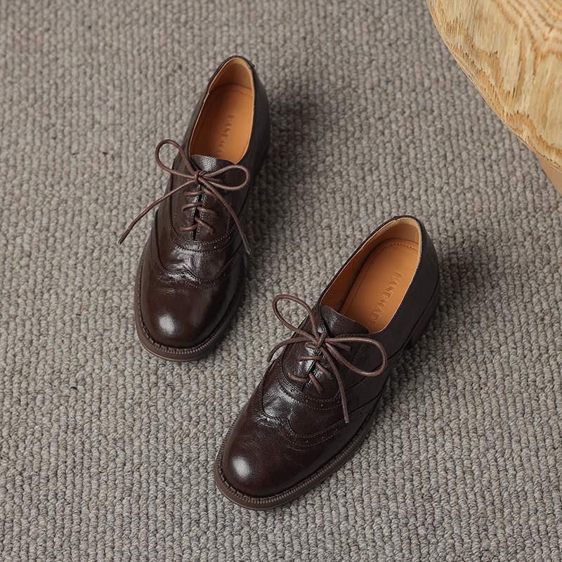 Krazing Pot Sheepskin Round Toe Thick Heels Autumn Lace Up Block Shoes Women Retro Fashion Pumps