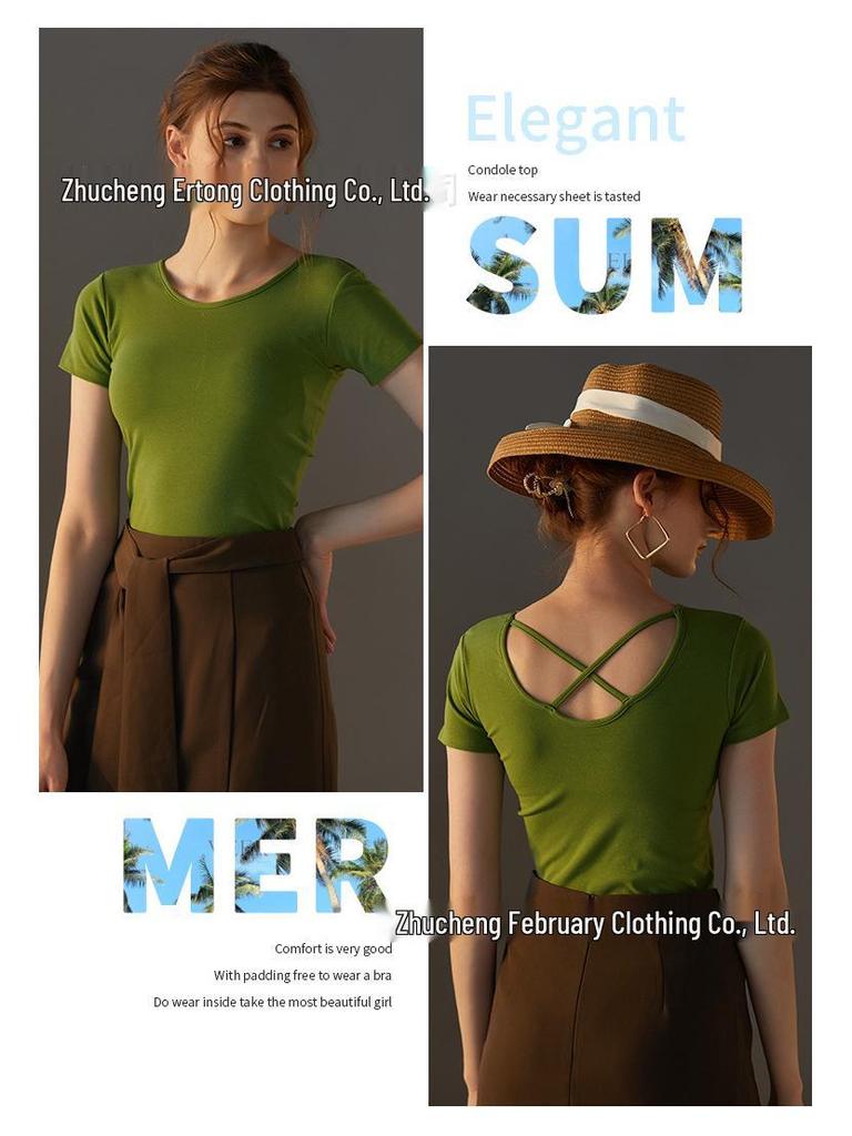 Dámské tričko s krátkým rukávem bez podprsenky - Čistá bavlna, Všitá podprsenka, Krásná záda, Zeštíhlující střih, Letní top