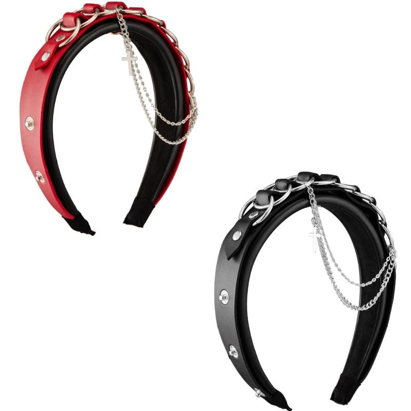 PU Leather Buckle Hairhoop for Women with Chain Decors Japanese Girl Headband Cosplay Dress Up Accessories
