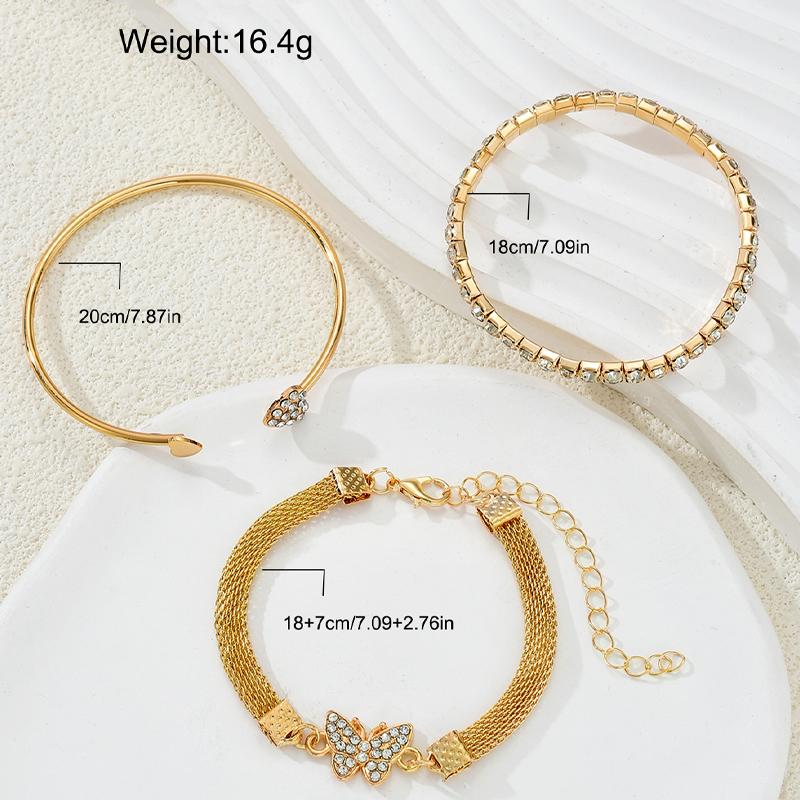 3Pcs/Set Luxury Rhinestone Butterfly Heart Bracelet For Women Vintage Exquisite Gold Color Cuff Bangle Female Daily Wear Jewelry