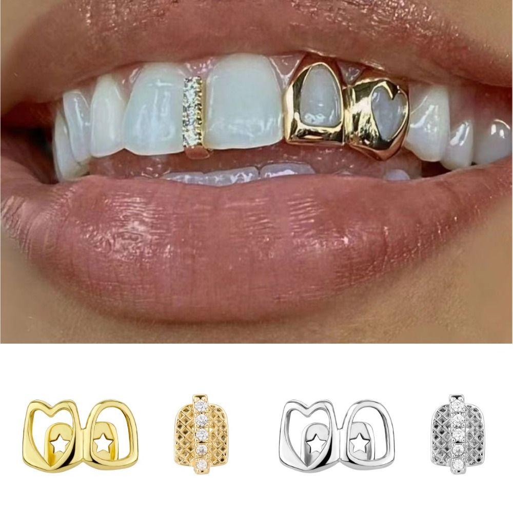 1/2pcs Hip Hop Hollow Heart Tooth Grillz Rhinestone Dental Grills Wearable Tooth Jewelry  Daily