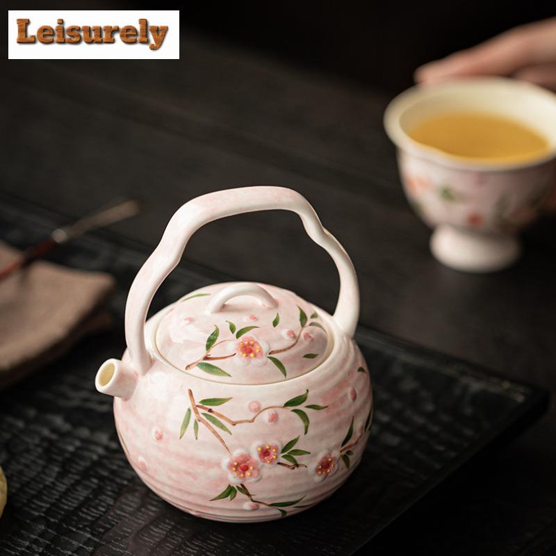 190ml Hand-painted Peach Blossom Lifting Handle Teapot Antique Tea Infuser Pot Tea Maker Kettle with Filter Tableware Ornaments