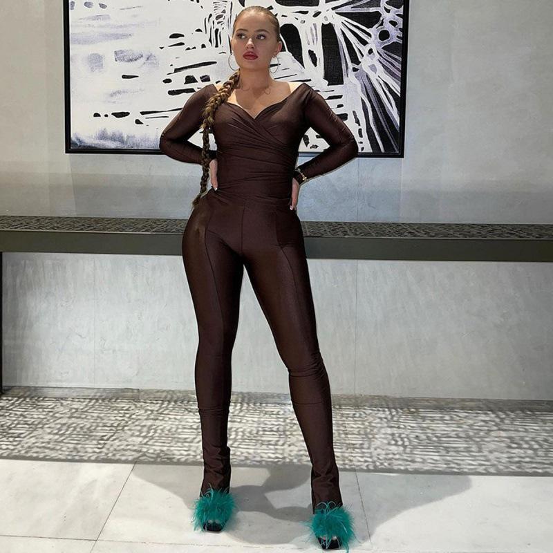 2024 Fall Women's European & American Style Off-Shoulder V-Neck High-Waist Casual Sports Suit