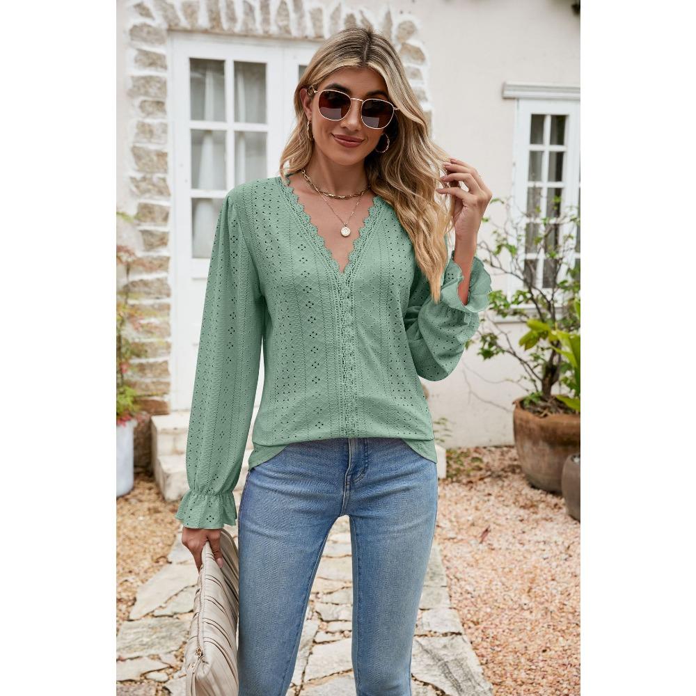 Women's Lace V Neck Blouse Long Sleeve Eyelet Embroidery Casual Loose Fit Shirt