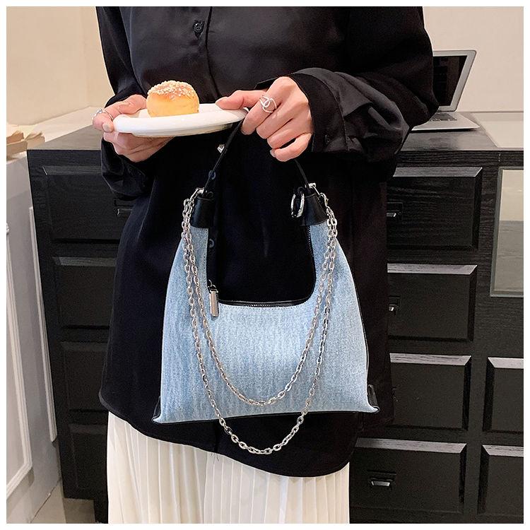 Geantă vintage din denim hobos pentru femei, cu mâner cu lanț, șic, ocazional, pentru subrat