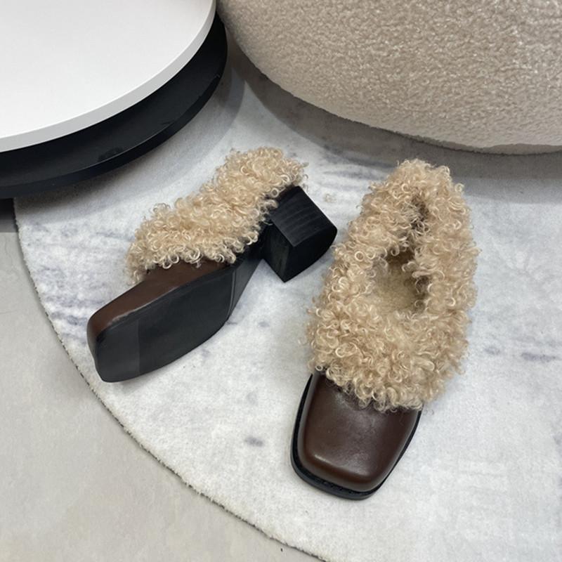 Fashion Ins style Fashion Square toe Patent Leather Wool Women Pumps Autumn Winter Warm High heels Loafers Casual Girls Chunky Shoes