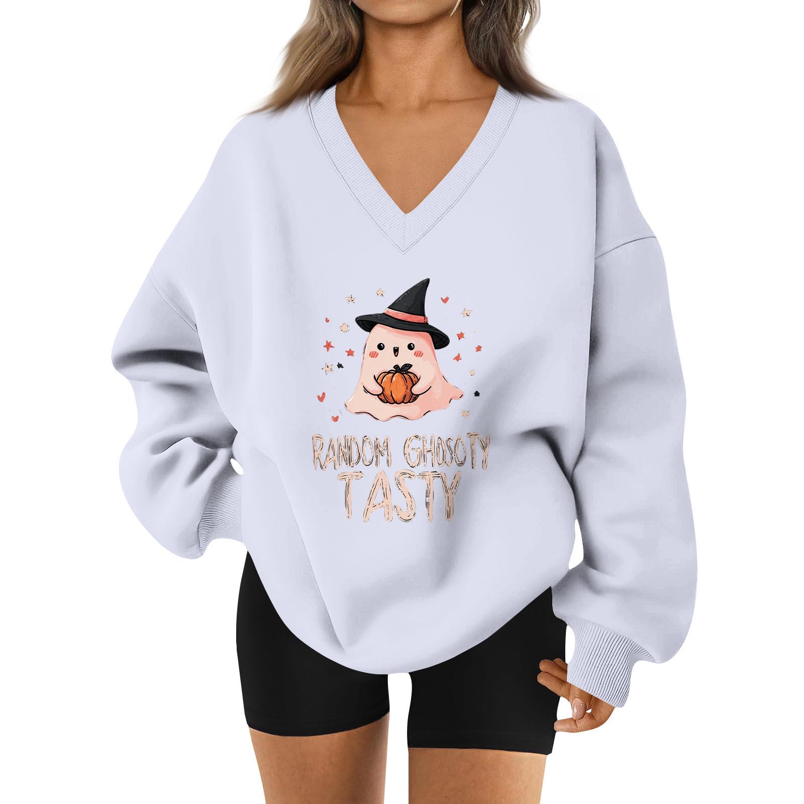 

Женский спортивный свитшот с V-образным вырезом, приспущенным плечом и принтом на Хэллоуин S