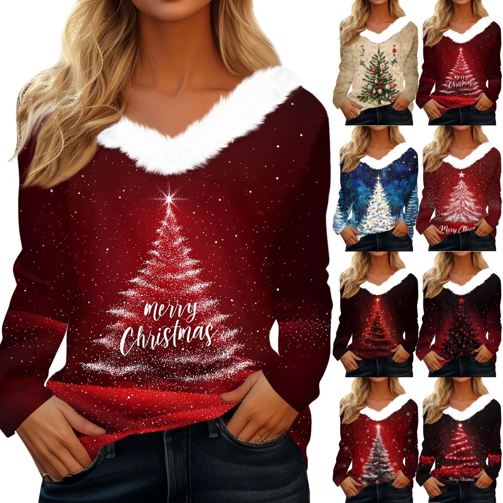 Women's T Shirt Tee Christmas Print Shirt Long Sleeve Party Christmas Fleece Collar V Neck Top