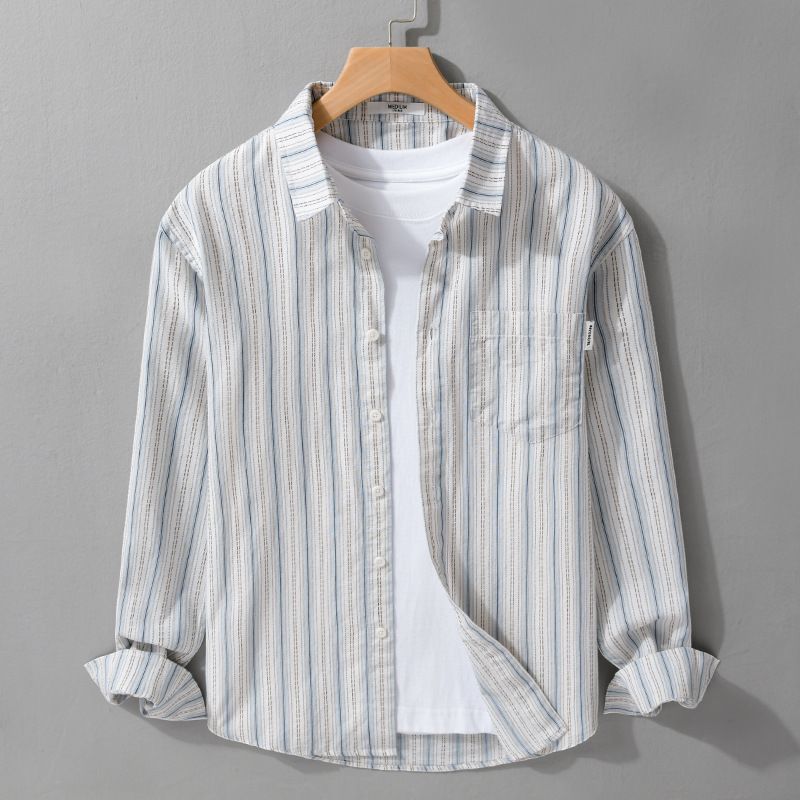 

Japanese Fresh and Retro Men Long-sleeved Striped Shirt In Autumn New Style and Versatile Loose and Comfortable Jacket M белый