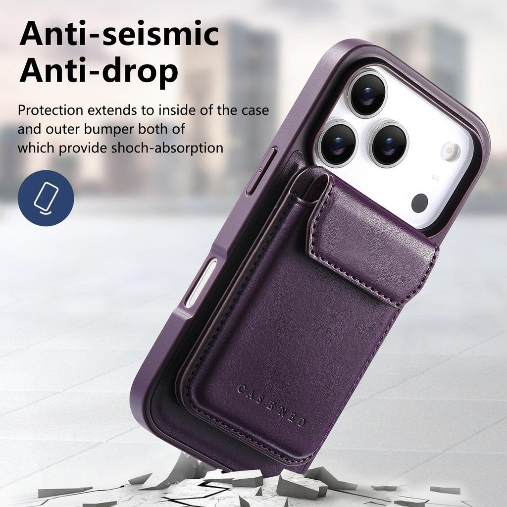 CASENEO For iPhone 17 Pro Magnetic Case PU Leather PC Phone Cover with Detachable Card Holder Kickstand Compatible with MagSafe