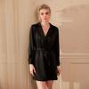 Elegant Satin Suit Collar Black Nightgown Women's Long-sleeved Lace-up Waist Short Skin-friendly Simple Loungewear 118