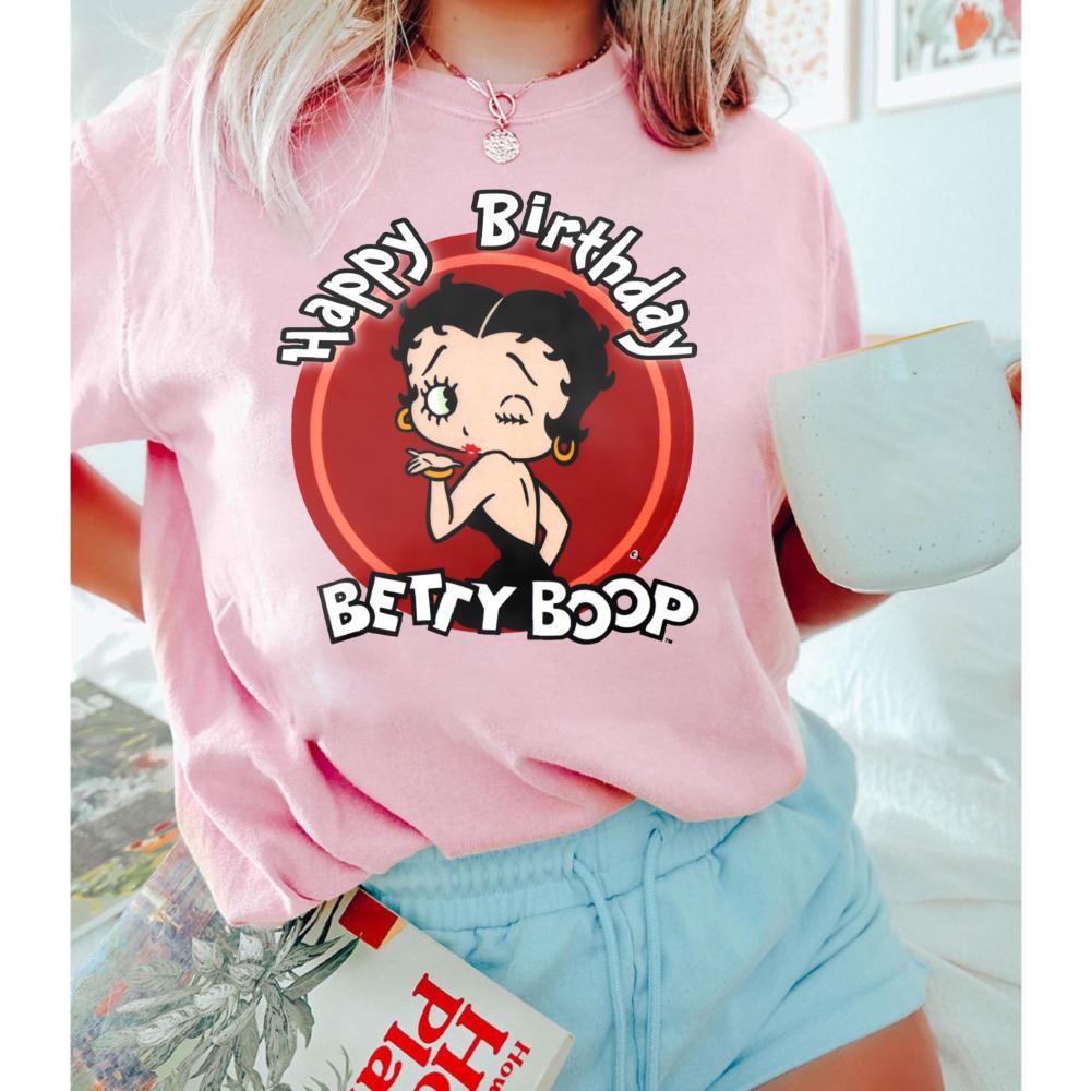 Winking Betty Boop in Red Circle Happy Birthday TShirt Retro Style Women Casual Cotton Short Sleeve Betty Boop Fan Gift Shirt