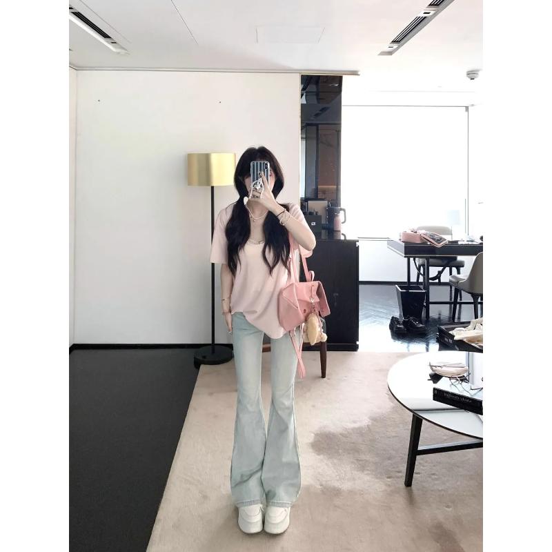 Dámské rozšiřující se džíny Světlý odstín Krajkový detail kapsy Vysoký pas Džínové kalhoty