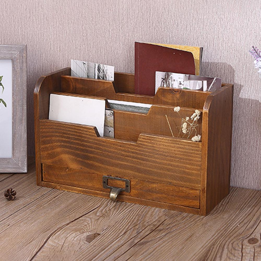 Vintage Light Brown Solid Wood Desktop Storage Box with Drawer Desk Organizer Distinctive Independent Document Souvenir Display