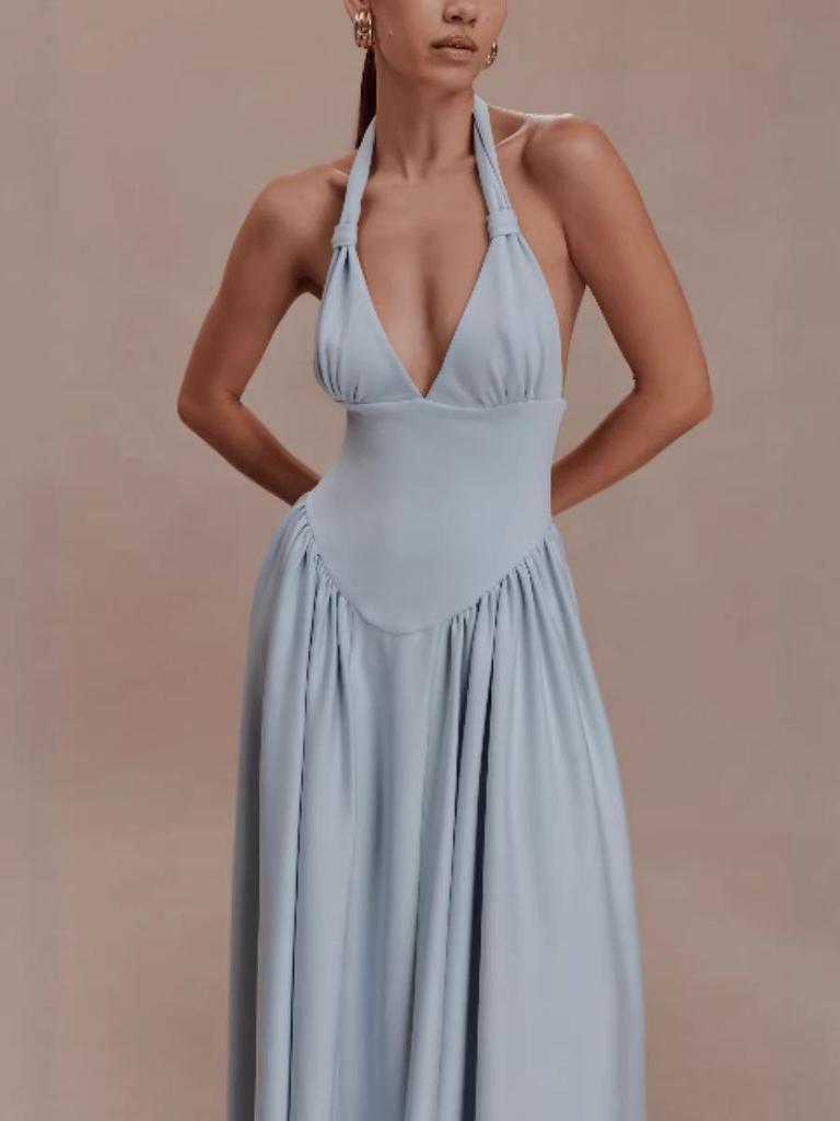 European & American Women's Halter Slim V-Neck Pleated Backless Dress
