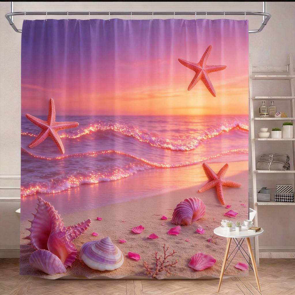 Beach Shower Curtain 180x180cm – Coastal Waves, Sandy Shore & Seashells in Neutral Tones, Ocean Bathroom Decor, 12 Hooks
