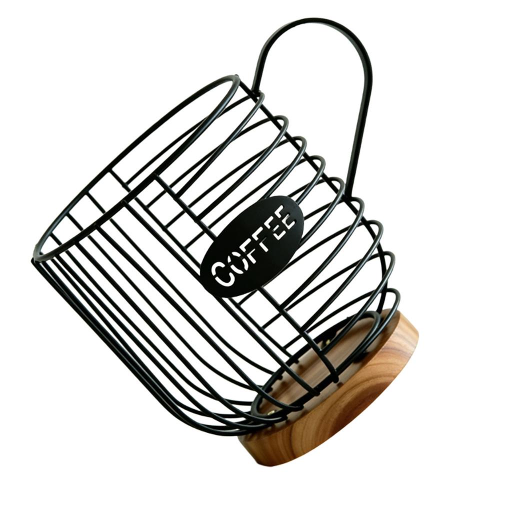 Metal Coffee Pod Wire Basket with Wooden Base Large Capacity Coffee Pod Holder for Kitchen Countertops Office Coffee