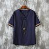 Camiseta Masculina de Linho com Caimento Solto Bordada Mistura de Algodão e Linho Fina Casual com Botões Estilo Chinês Retrô Top para Homens
