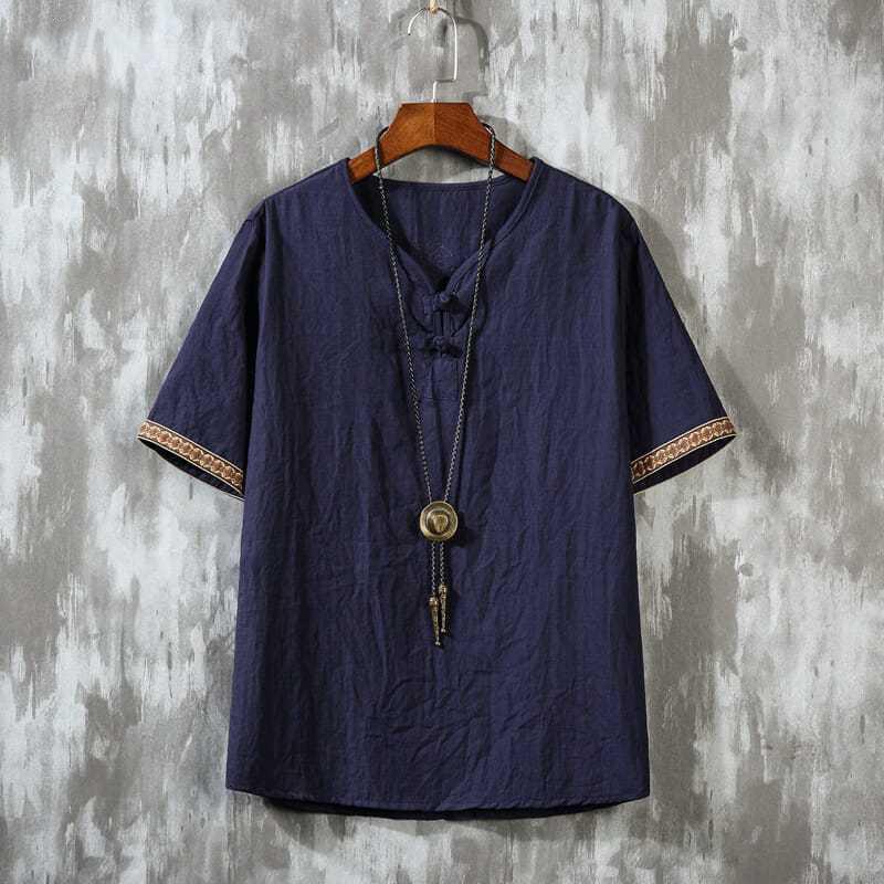 Loose Fit Linen Men s T-Shirt Embroidered Cotton-Linen Blend Thin Casual Button-Up Retro Chinese Style Top for Men M темно-синий