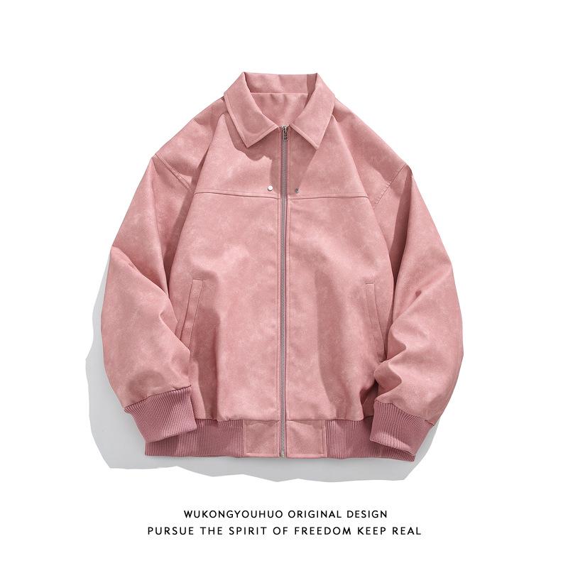 

Осень 2023 г. Мужская коричневая ретро-состаренная куртка - модное повседневное пальто свободного кроя 2XL розовый