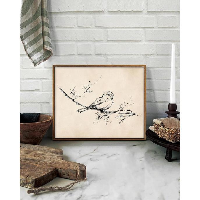 Vintage Bird on Tree Branch Sketch Wall Art Decor Minimalist Drawing Canvas Prints Wall Decor Neutral Line Art Farmhouse Style Wall Decor for Gallery