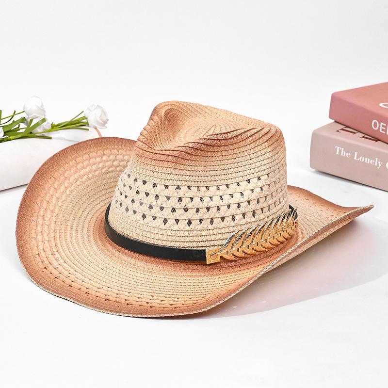 Western cowboy straw hat showing face small ethnic style hat men's and women's outdoor shading breathable straw sun hat tide