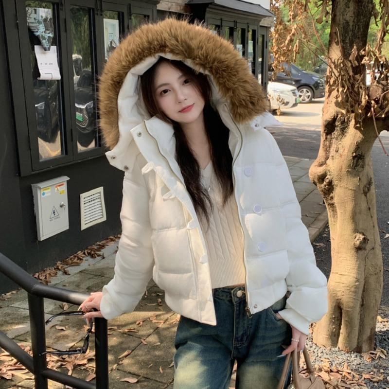 Winter versatile navy blue hooded fur collar short cotton-padded jacket women's new warm thickened down cotton-padded jacket