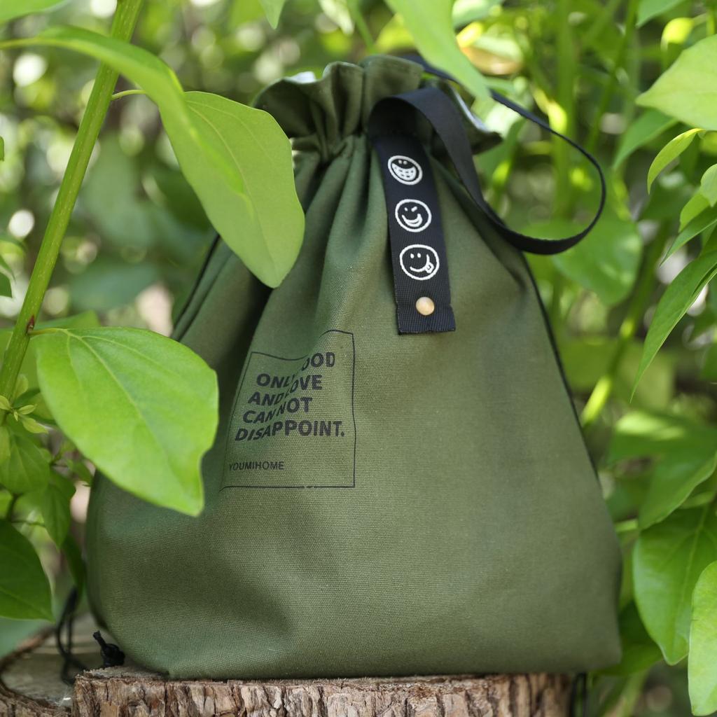 Portable Insulated Canvas Lunch Bag with Drawstring Closure Folding Bento Bag Cooler Tote Bag for Work School Picnic Camping