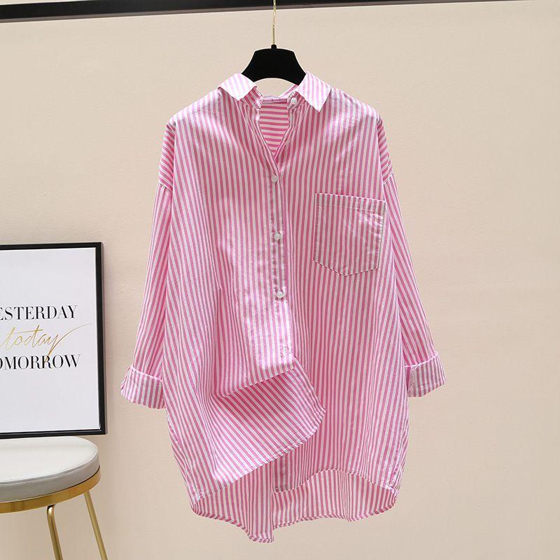 Women's Spring and Autumn Korean Style Front Short Rear Long Shirt Medium Long Vertical Stripe Shirt Casual Coat