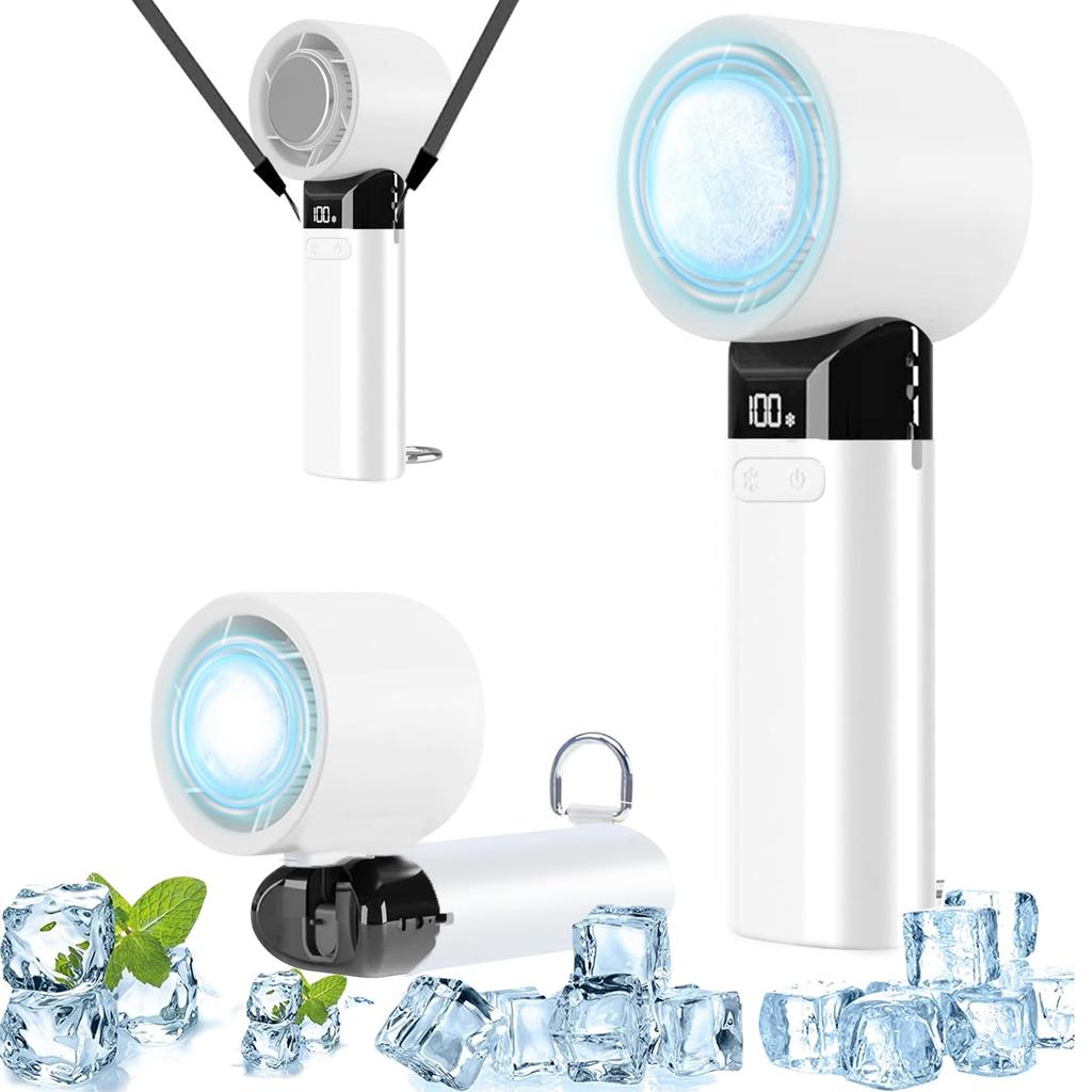 Quiet Handheld Fan with Cooling Plate Cooling 100 Speed Portable DC Handheld 5000mAh High Airflow and Battery Level Cool to the Heat or Neck Carabiner