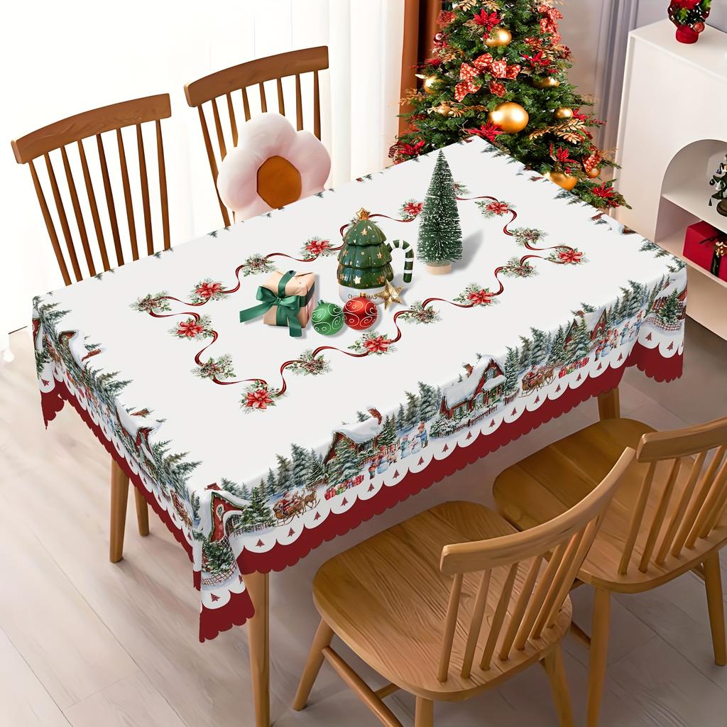 Christmas Poinsettia Santa Claus Waterproof Tablecloth Table Decor Winter Xmas Kitchen Dining Tablecloth Christmas Decorations