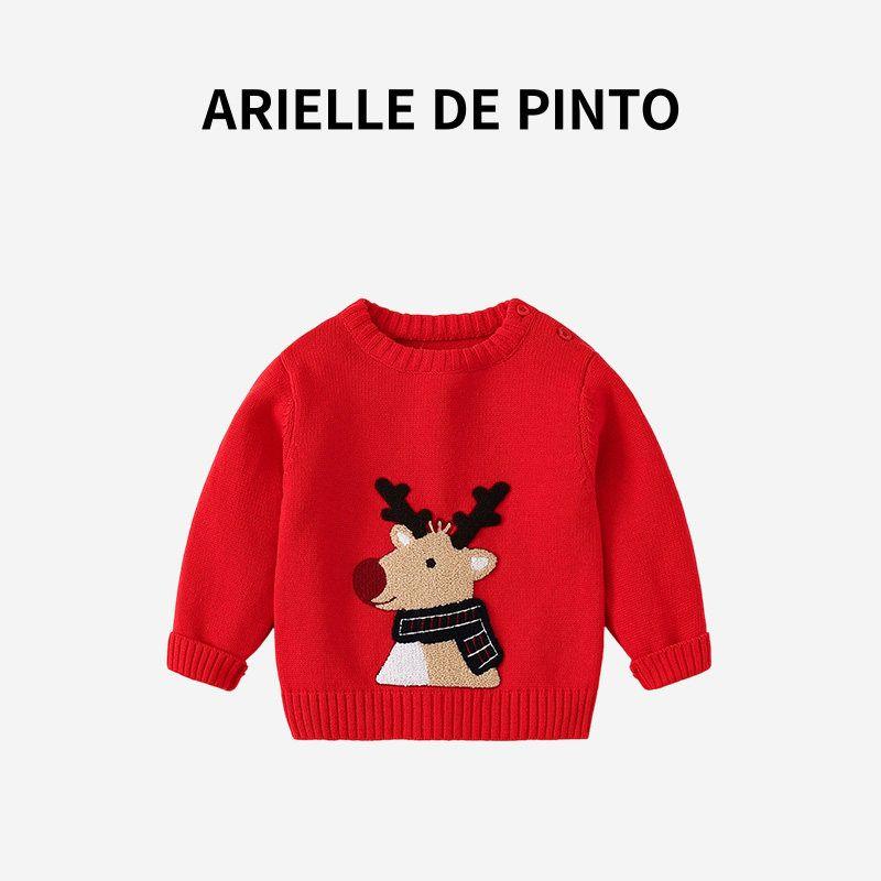 French Arielle De Pinto Knitted Sweater for Boys and Girls, Autumn and Winter Christmas Sweater, Cartoon Elk Fashion Sweater Red Christmas Deer Sweater 130