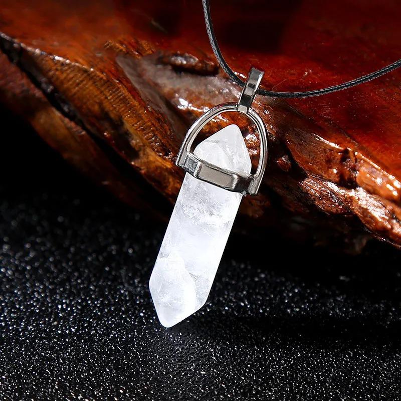 Stylish Hexagonal Crystal Gemstone Pendant Necklace with Gold Cap