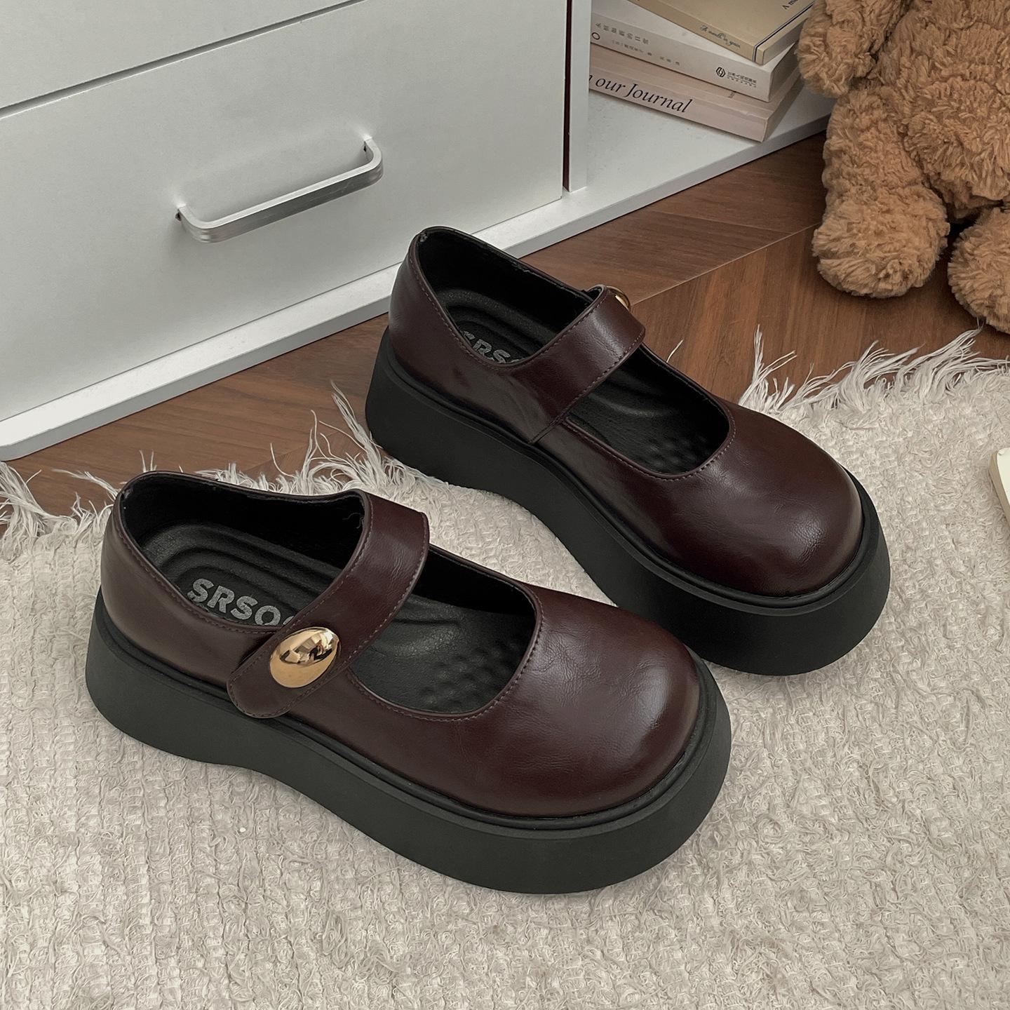 

Black British style round head thick sole heightening small leather shoes women s 2025 new autumn skirt Mary Jane single shoes 40 коричневый
