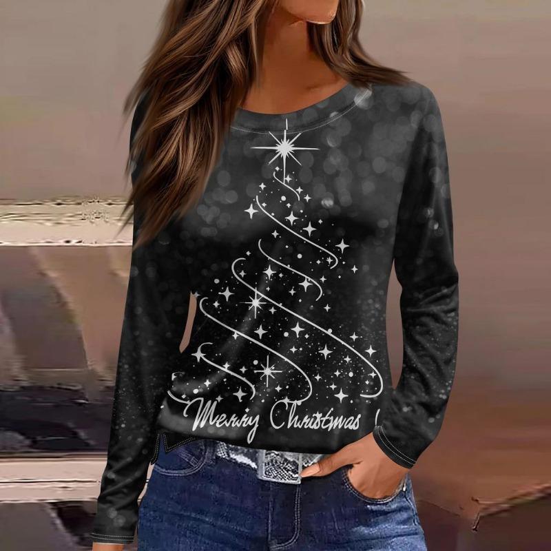 Women's Christmas Themed Round Neck Long-sleeved T-shirt with Colorful Christmas Tree Print and Comfortable Polyester Pullover