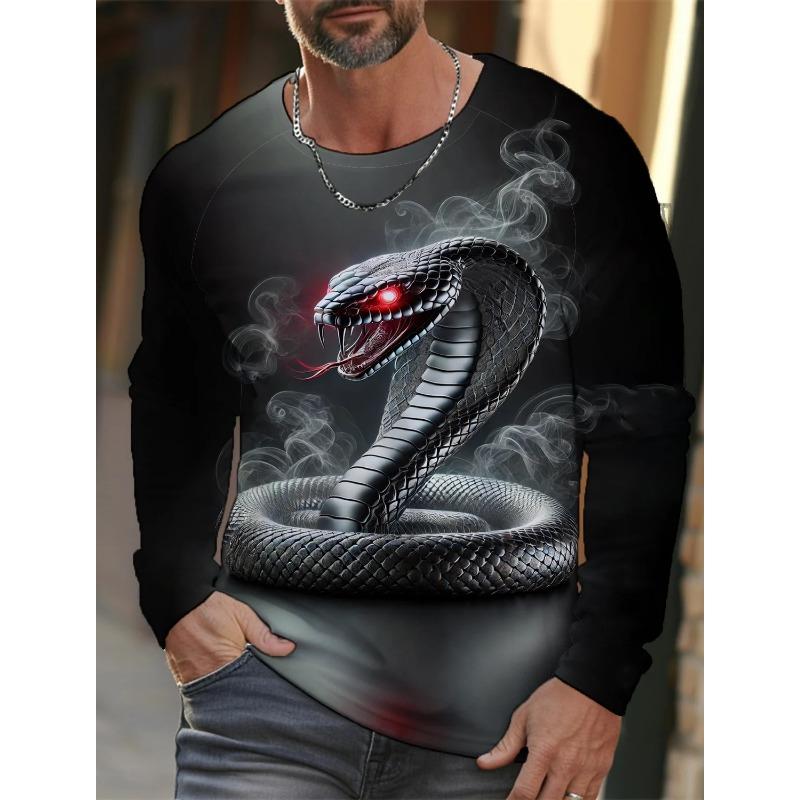 Spring and Autumn Round Neck 3D Snake Pattern Printed Top Fashionable Casual Long Sleeved Men's T-shirts