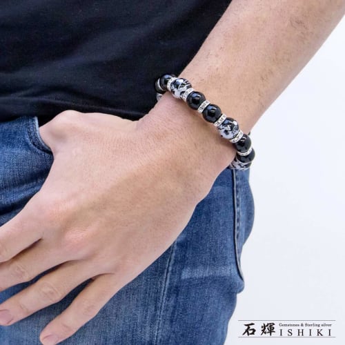 Ishiki 4A Prayer Beads, Silver Carved Dragon, 14mm Onyx Bracelet, with Paulownia Wood Box, Charm for Good Fortune, Natural Stone, B011