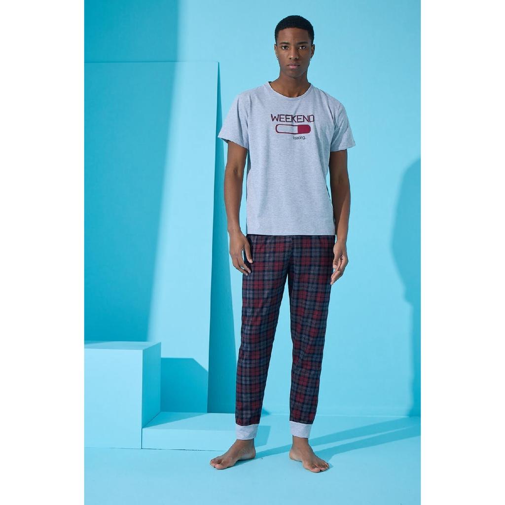 Marineblaues kurzärmliges Herren-Pyjama-Set mit Wochenend-Print