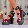 Fashion One-button Block Heel Single Shoes  Autumn New Round Bow Platform Non-slip High Heels